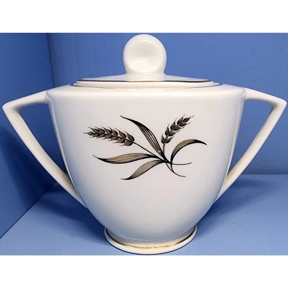 EMBASSY USA Vitrified Gold Black Wheat Pattern Sugar Bowl & Lid Pointed Handles